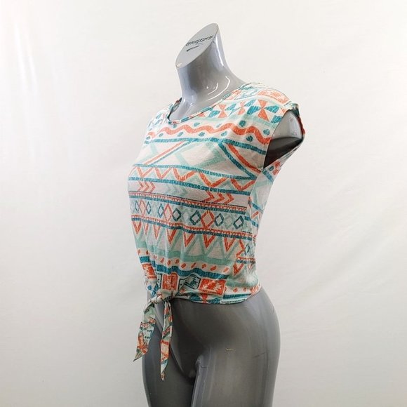 Ardene Women's Tie Front T Shirt Size Small Round Neck White Orange Teal Pattern - Picture 2 of 4